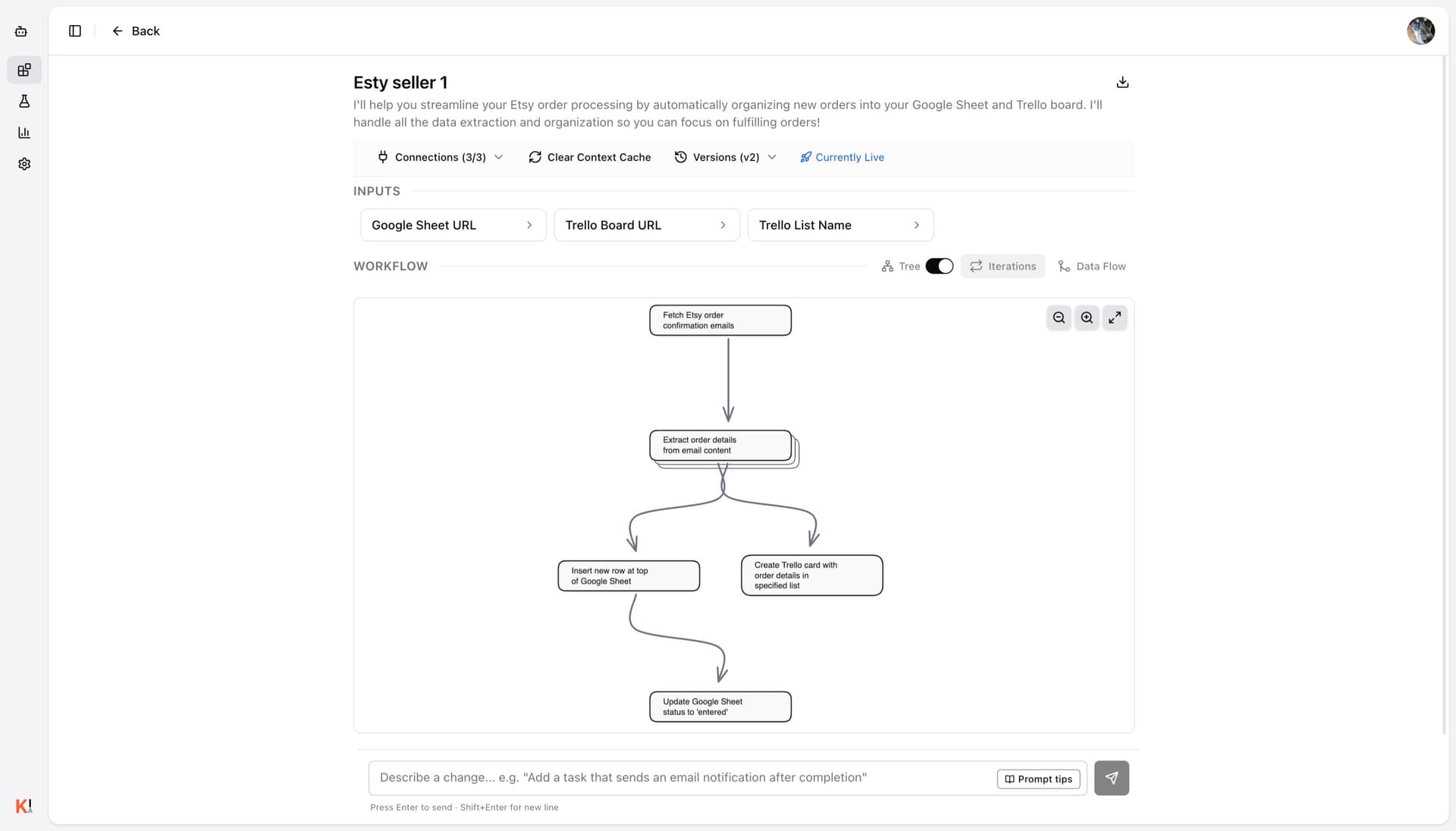 Etsy Order Pipeline agent in Kindgi Studio