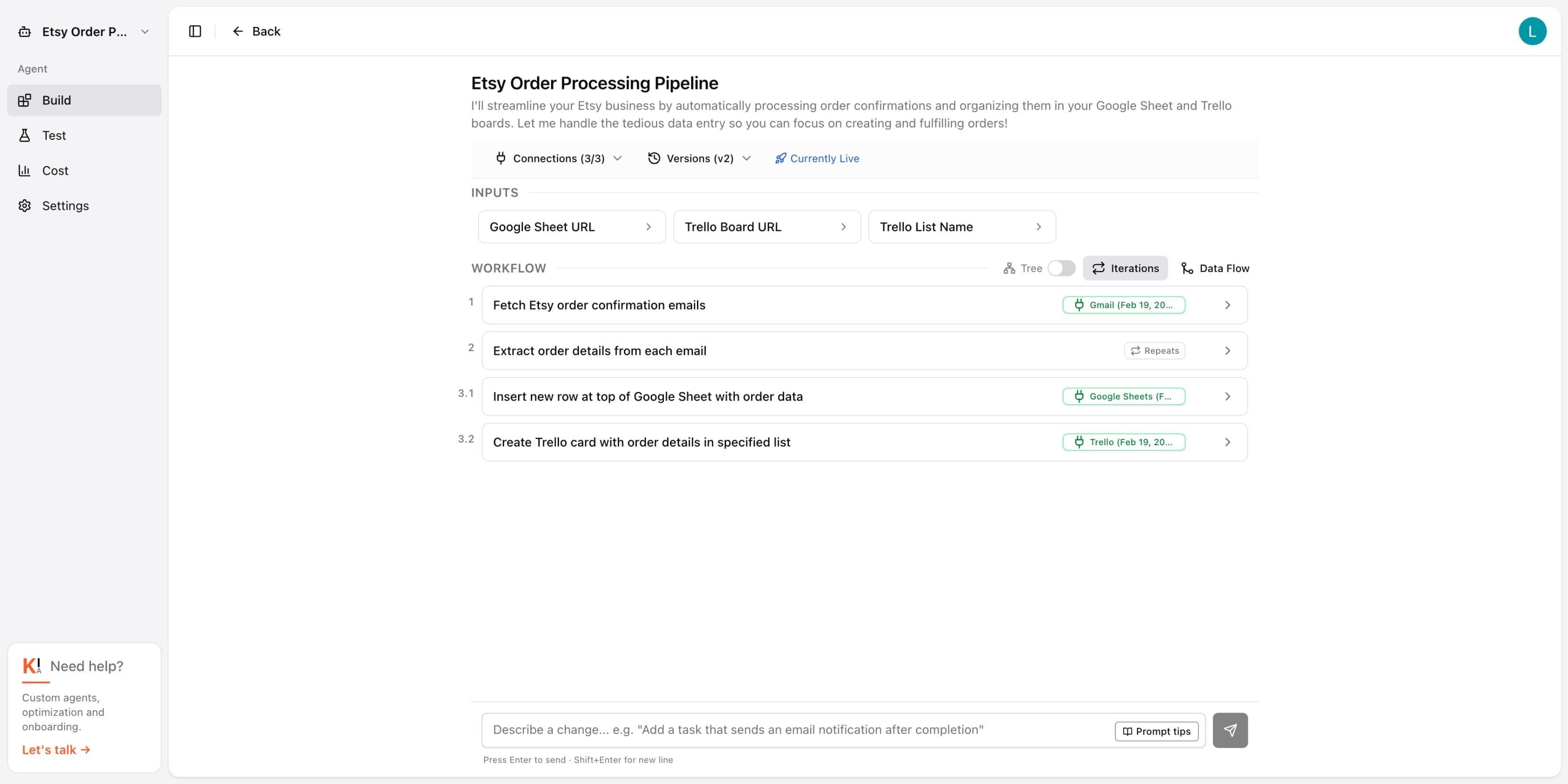 Studio Build tab showing a 4-step workflow: Fetch Etsy emails from Gmail, Extract order details (iterates), Insert row into Google Sheets, Create Trello card — all with green connected badges