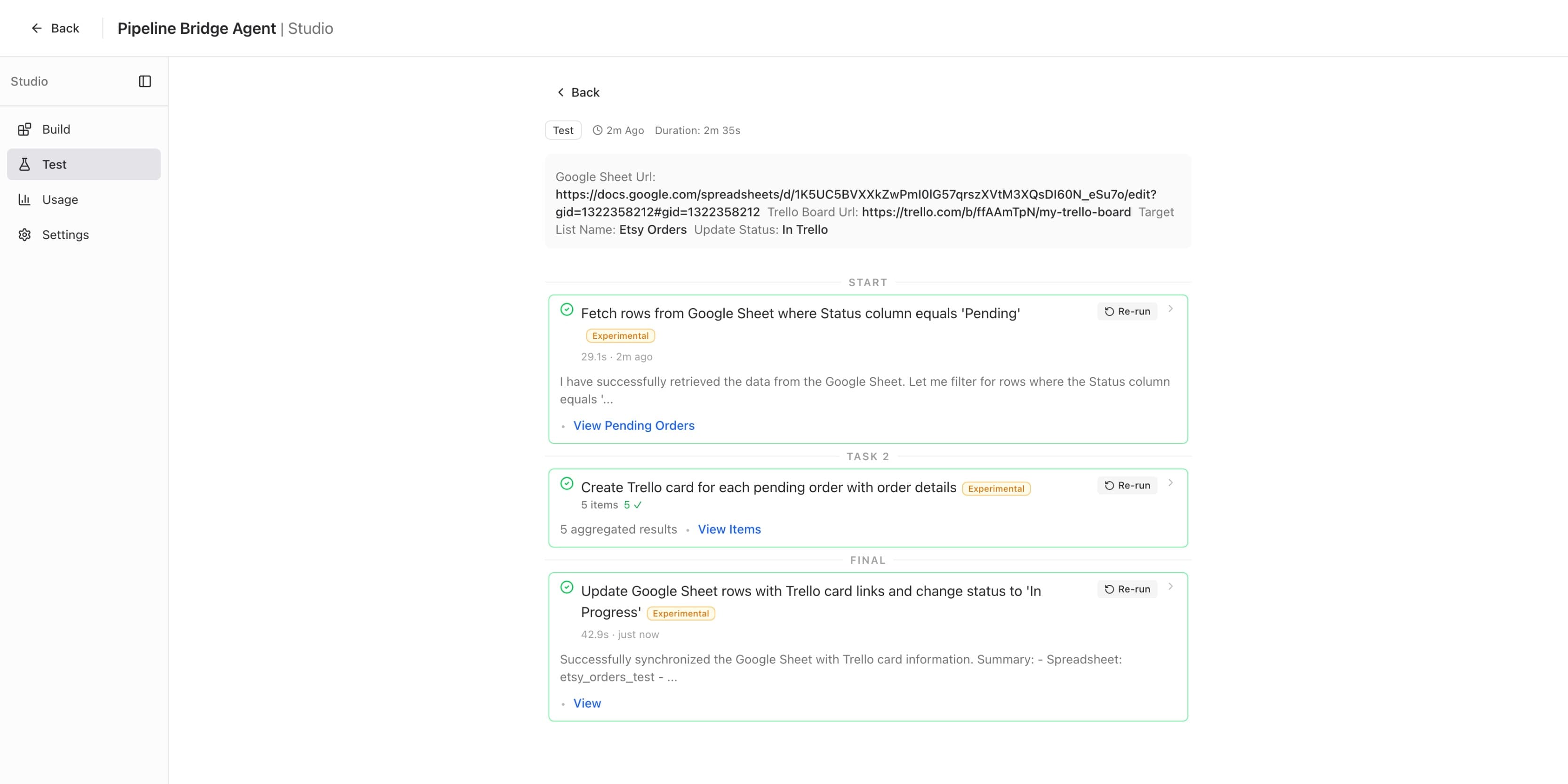 Test run completed showing all three steps with green checkmarks — fetch pending orders, create Trello cards for 5 items, and update sheet with card links