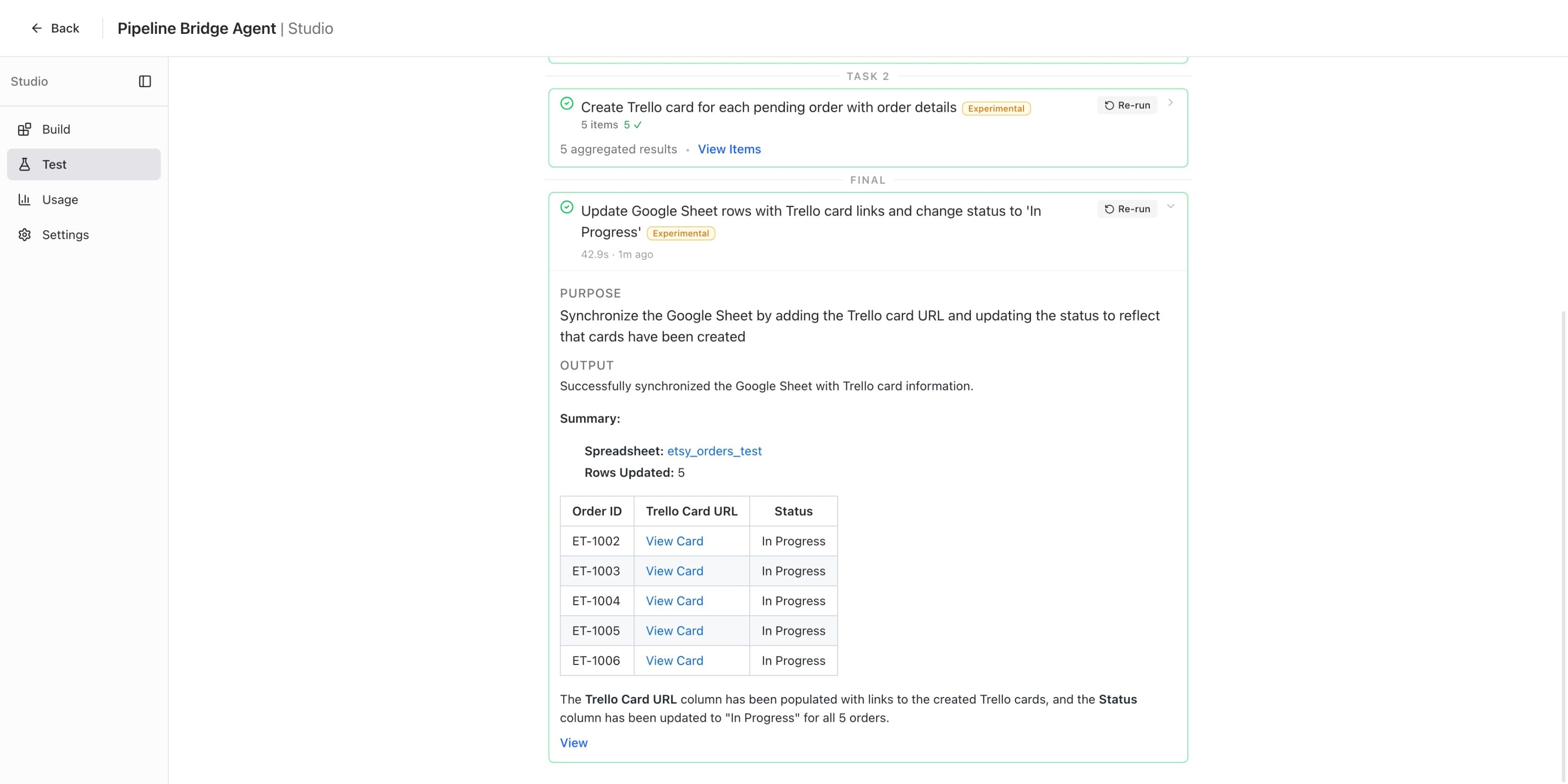 Expanded final step showing 5 orders updated with Trello Card URL links and status changed to In Progress