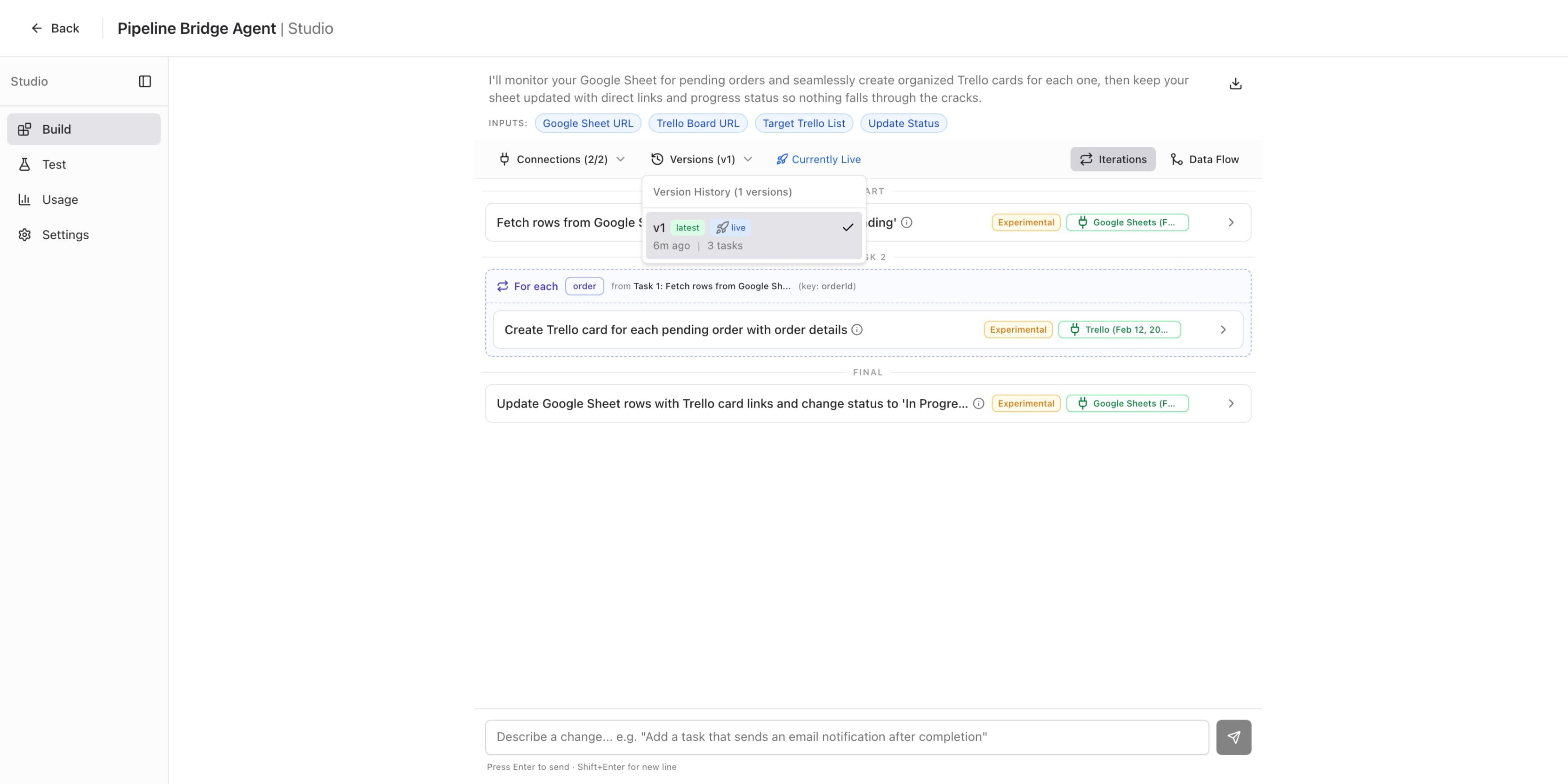 Studio Build tab showing version history dropdown with v1 marked as latest and live