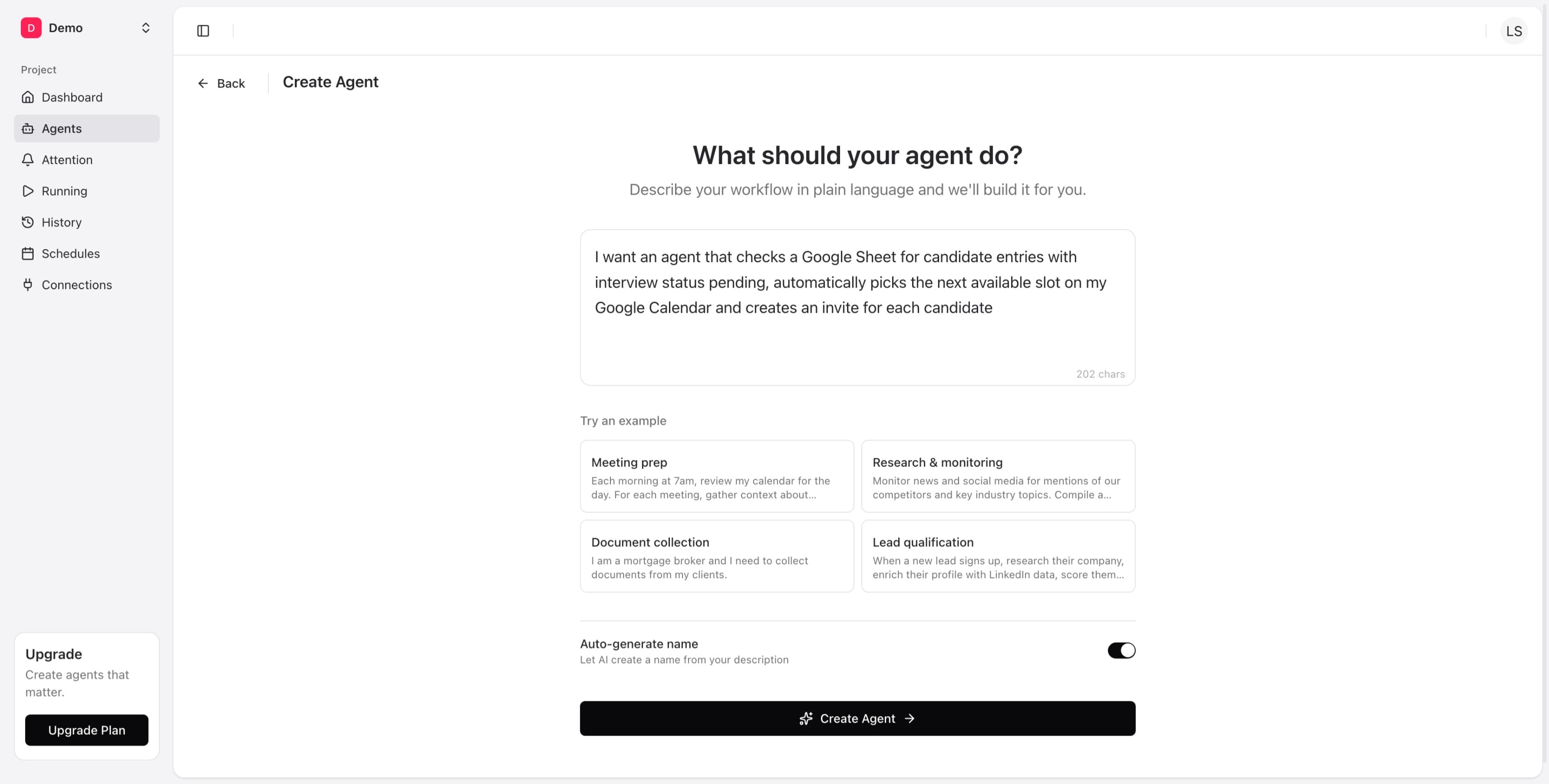 Create Agent page with the interview scheduling prompt typed in