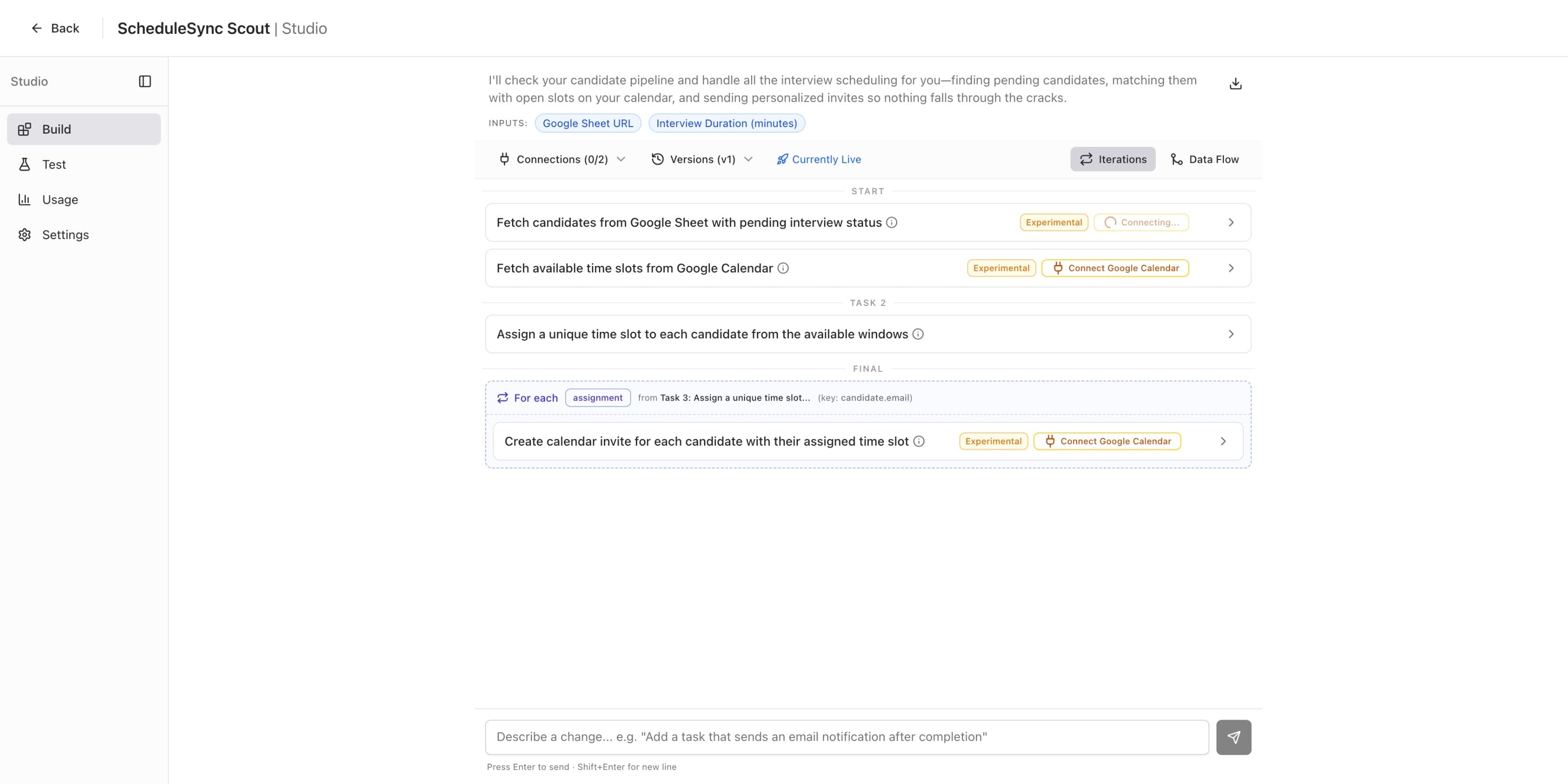 Studio Build tab showing a Connecting spinner on the Google Sheets step while the OAuth window opens