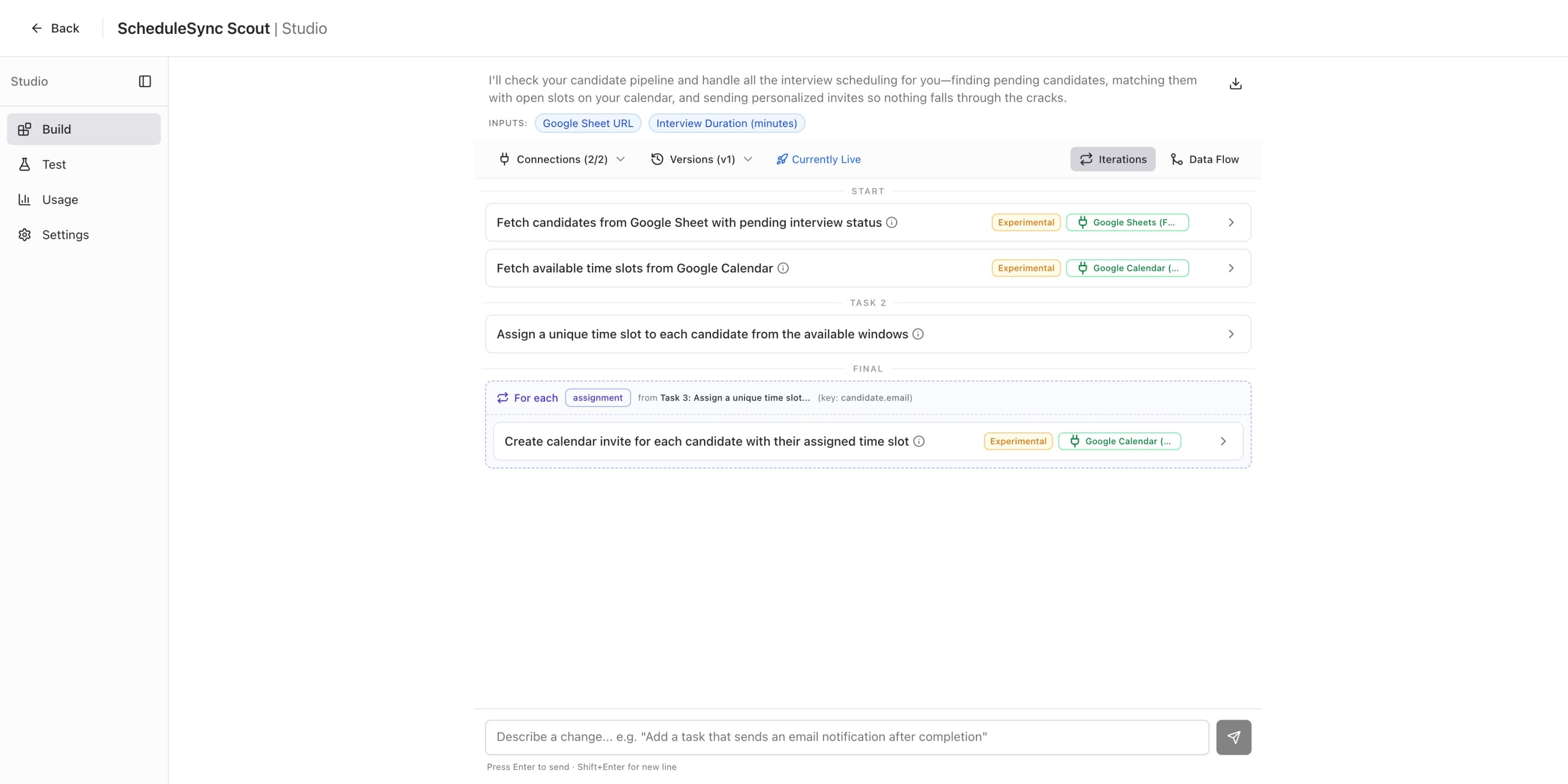 Studio Build tab with all apps connected showing green Google Sheets and Google Calendar badges and Connections 2/2