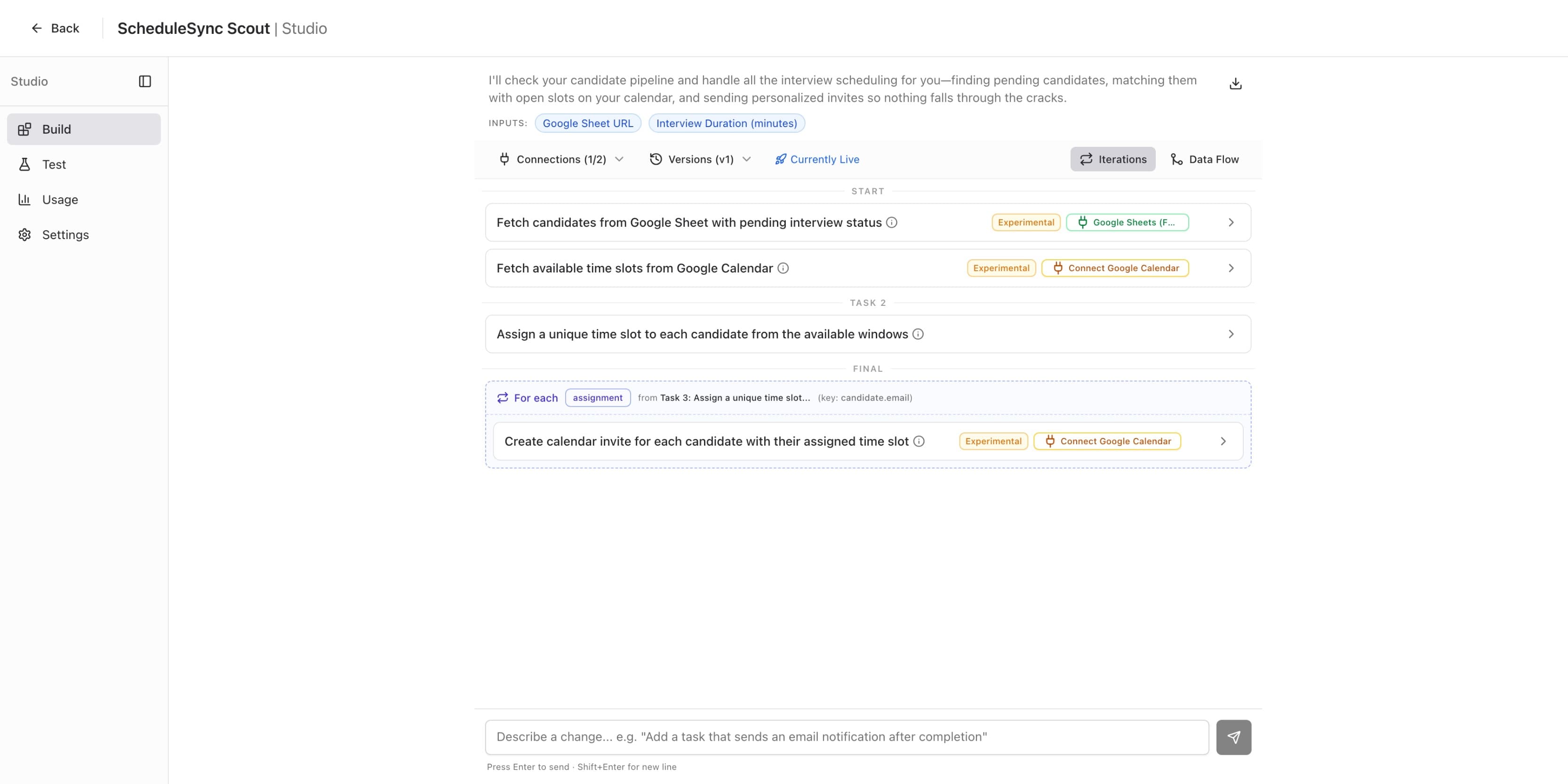 Studio Build tab showing Google Sheets connected with green badge and Connections counter at 1/2, Google Calendar still showing orange Connect badge