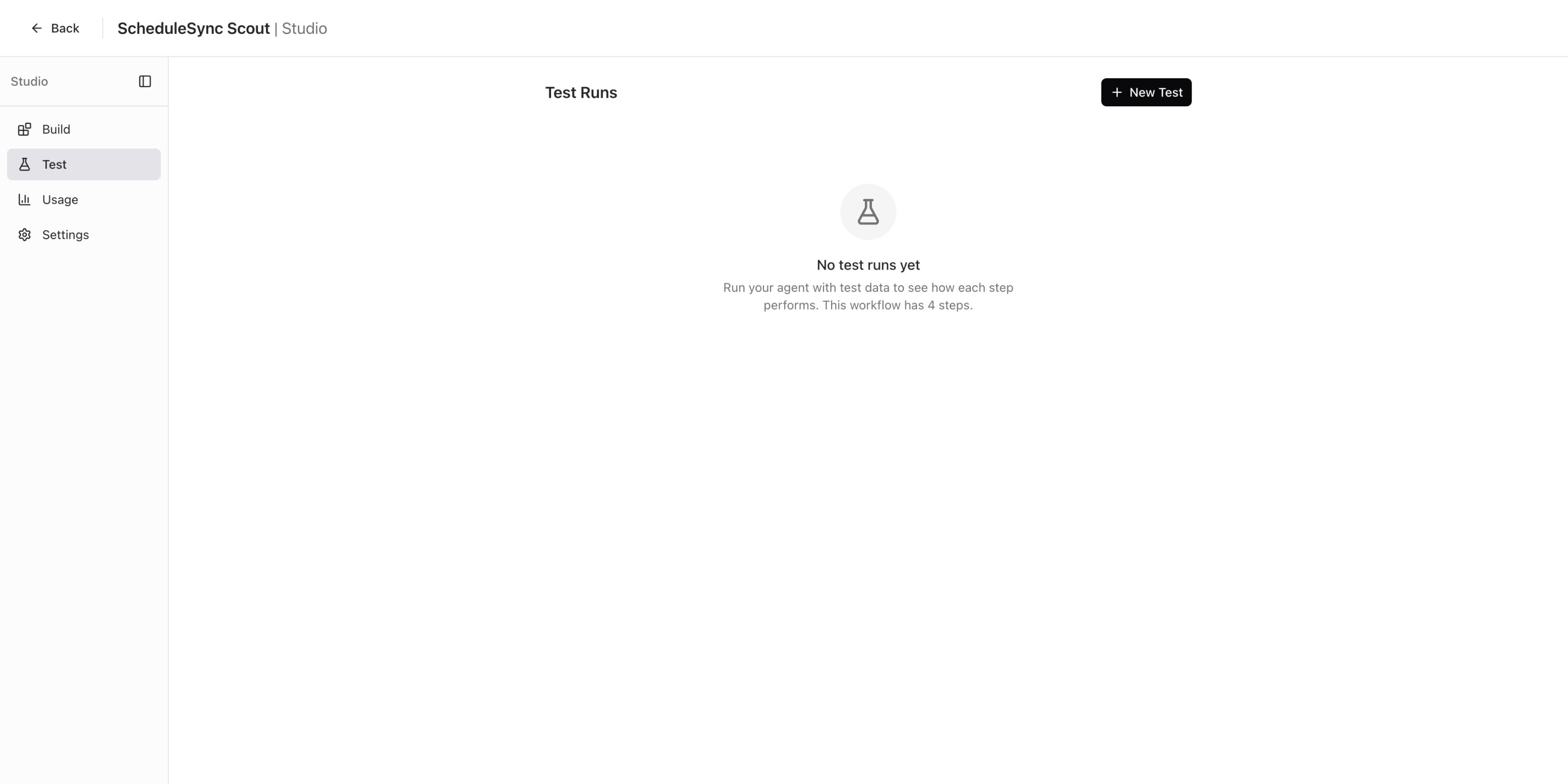 Test tab showing empty state with No test runs yet message and New Test button