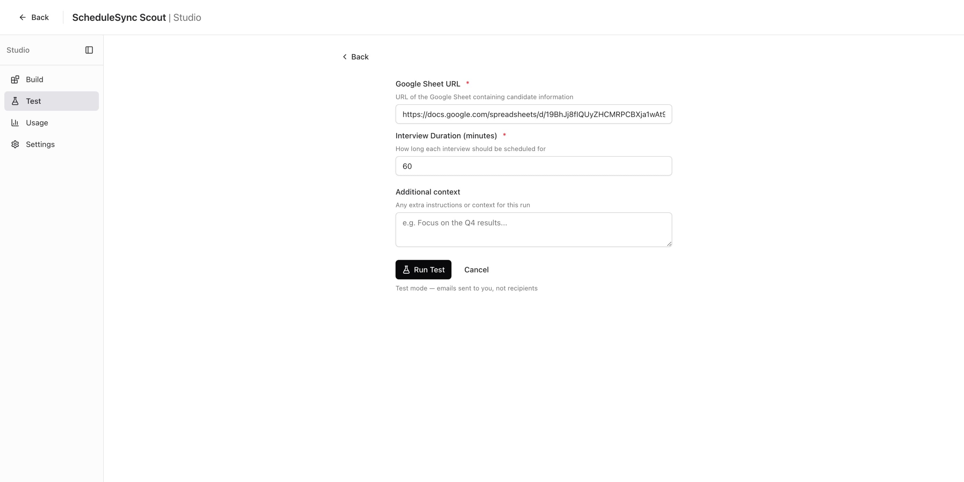Configure Test form with Google Sheet URL and Interview Duration set to 60 minutes