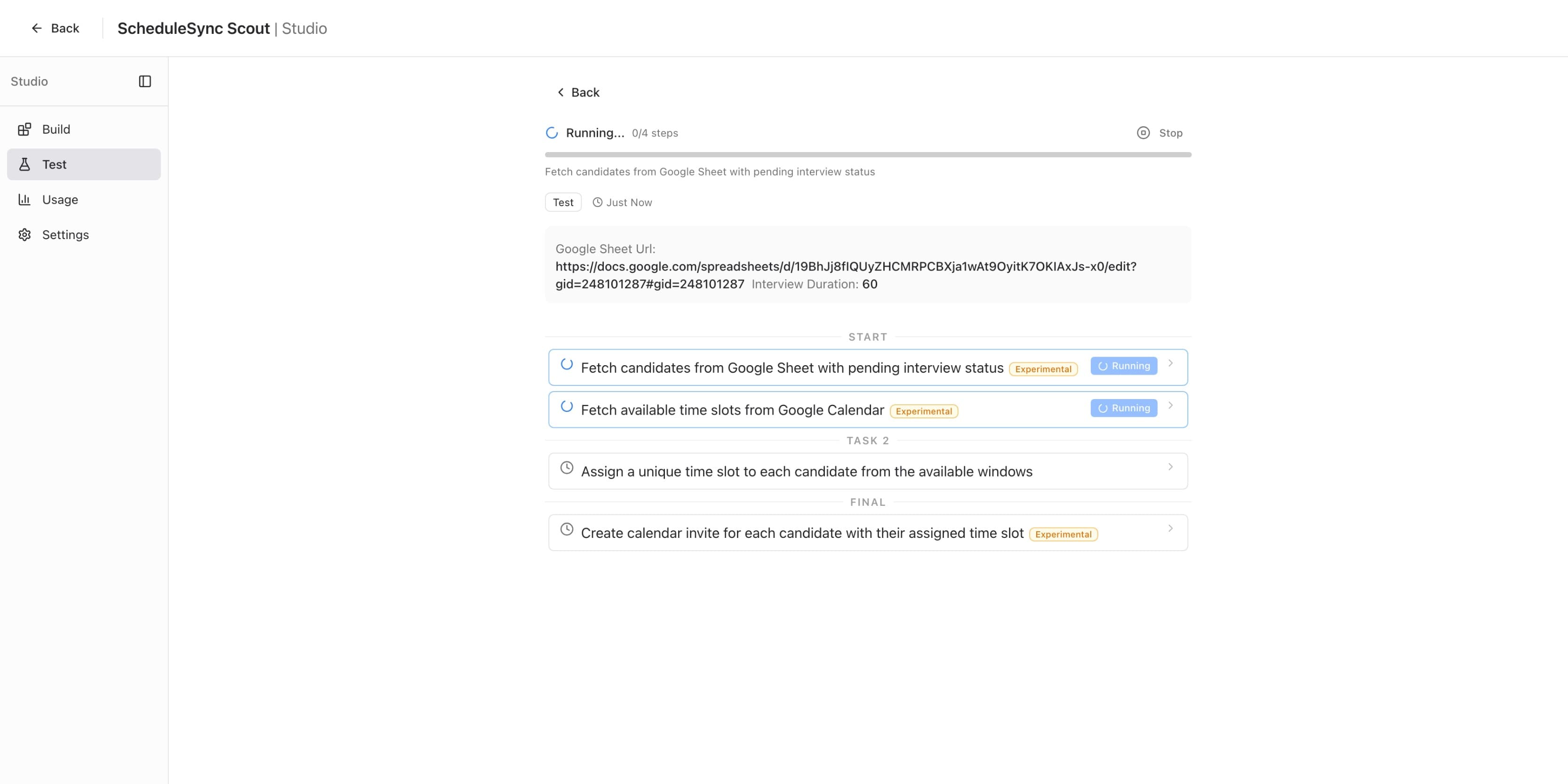 Test run in progress showing Running status with first two steps executing simultaneously