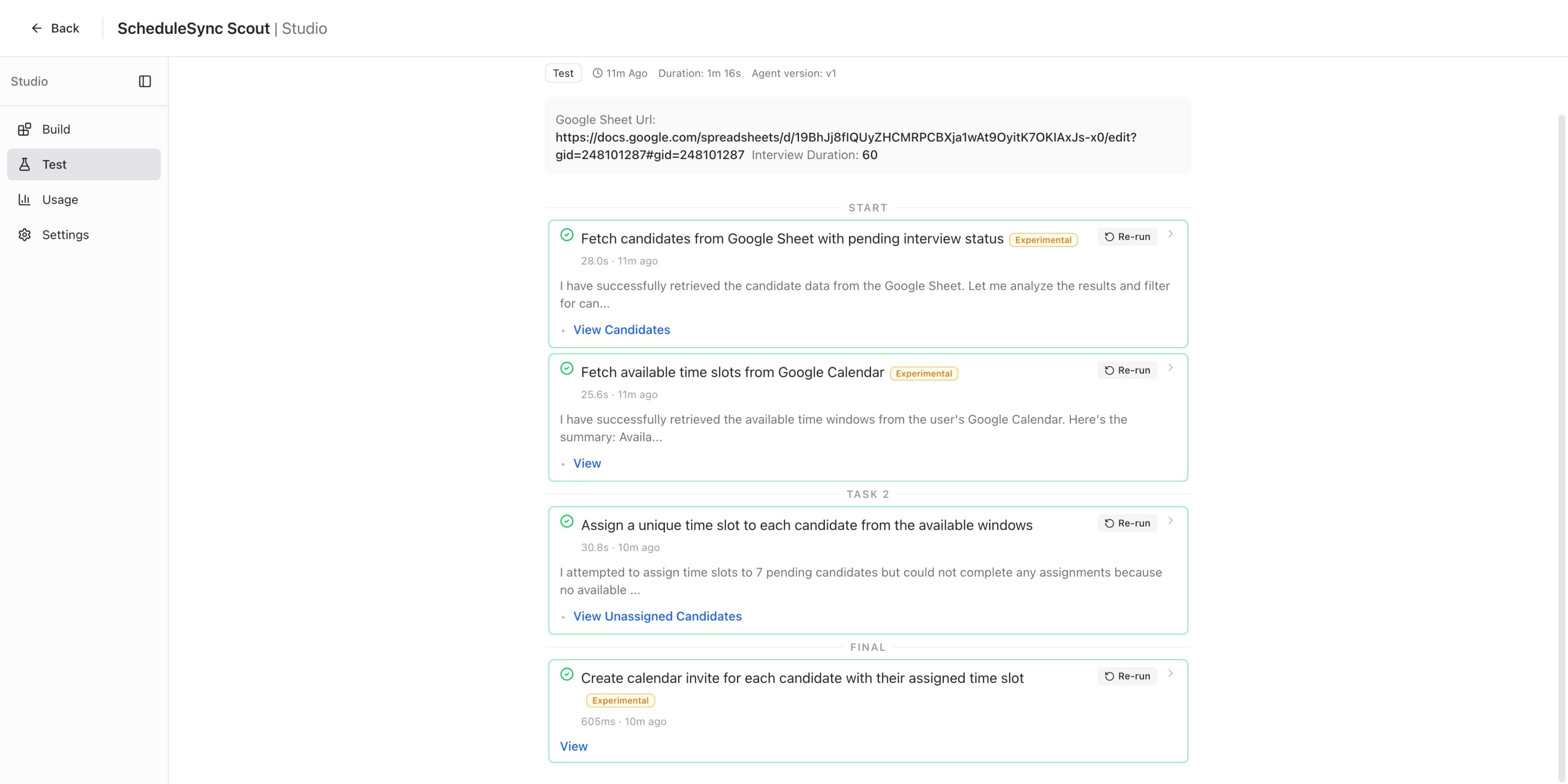 Test run completed showing all four steps with green checkmarks, Re-run buttons, and result summaries