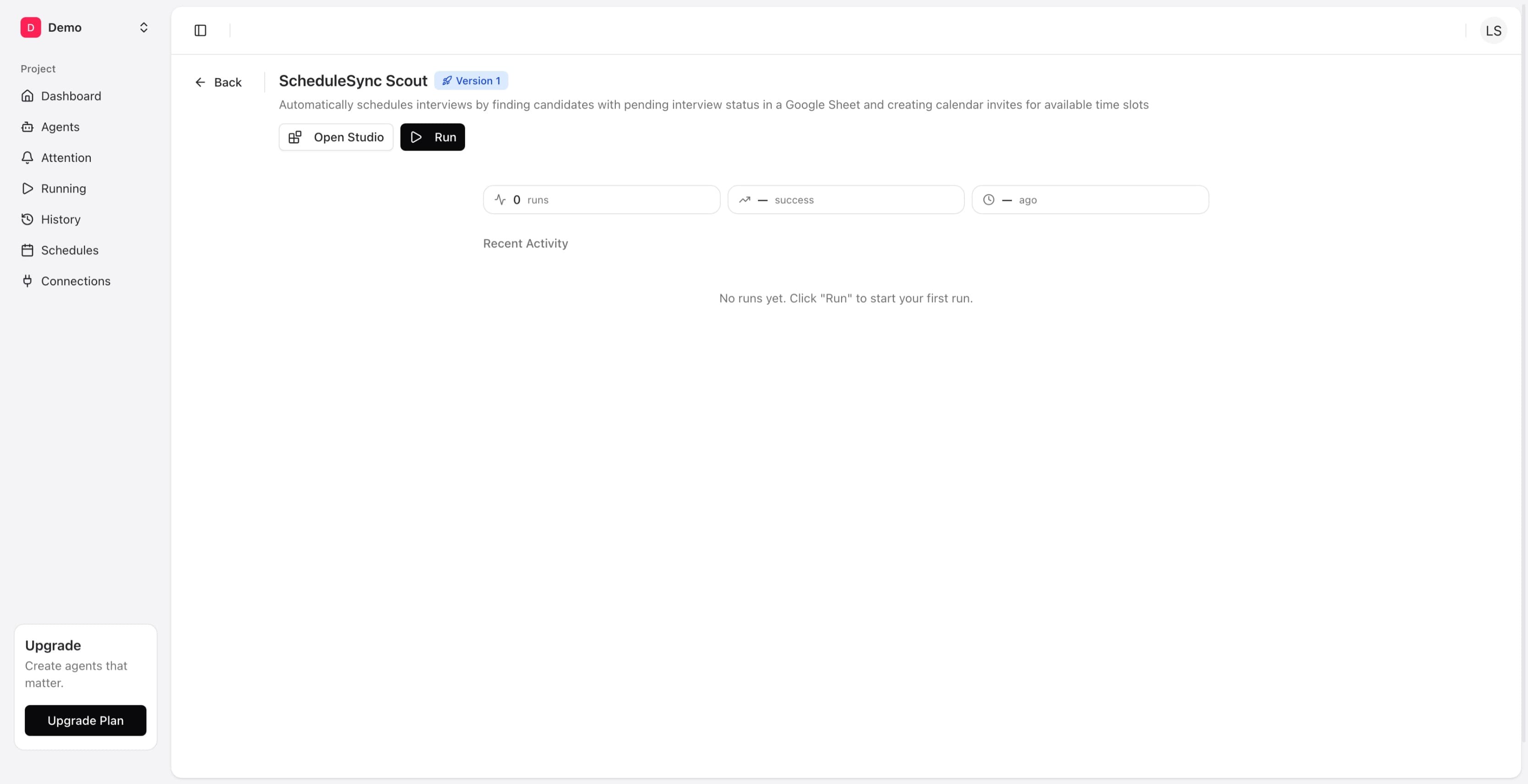 Agent detail page showing ScheduleSync Scout with Version 1 badge, Open Studio and Run buttons