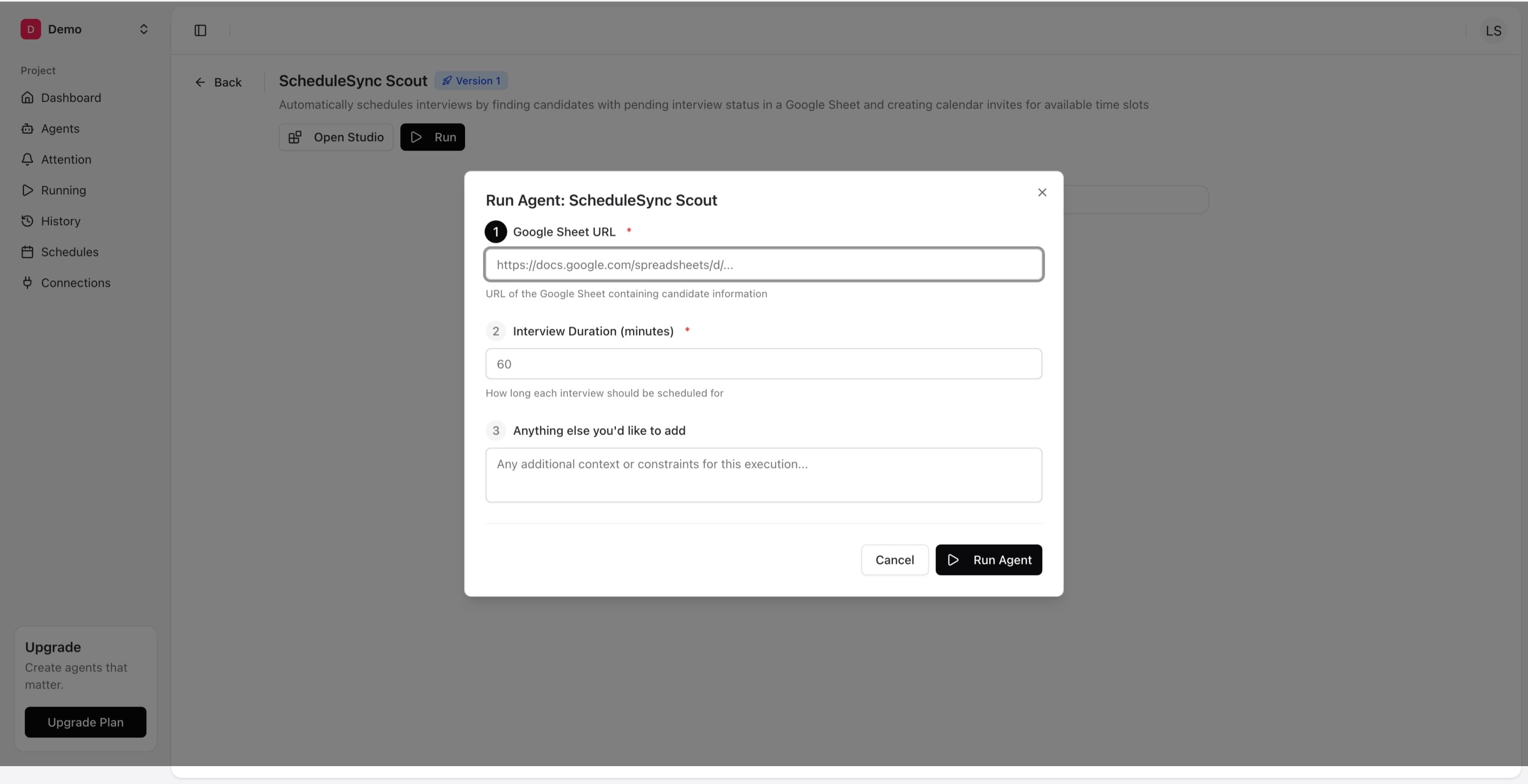 Run Agent dialog with Google Sheet URL, Interview Duration, and additional context fields