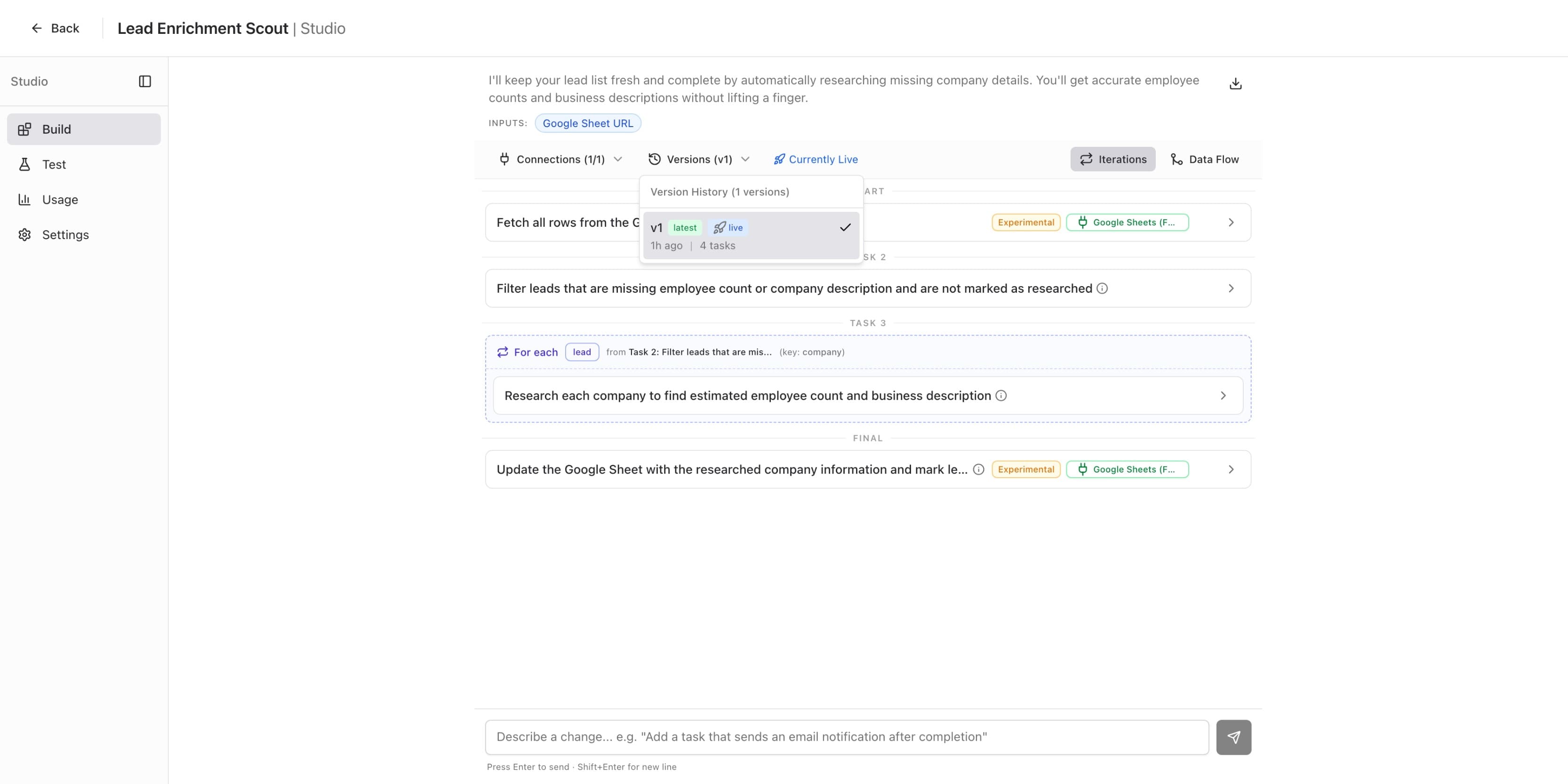 Studio Build tab showing version history dropdown with v1 marked as latest and live