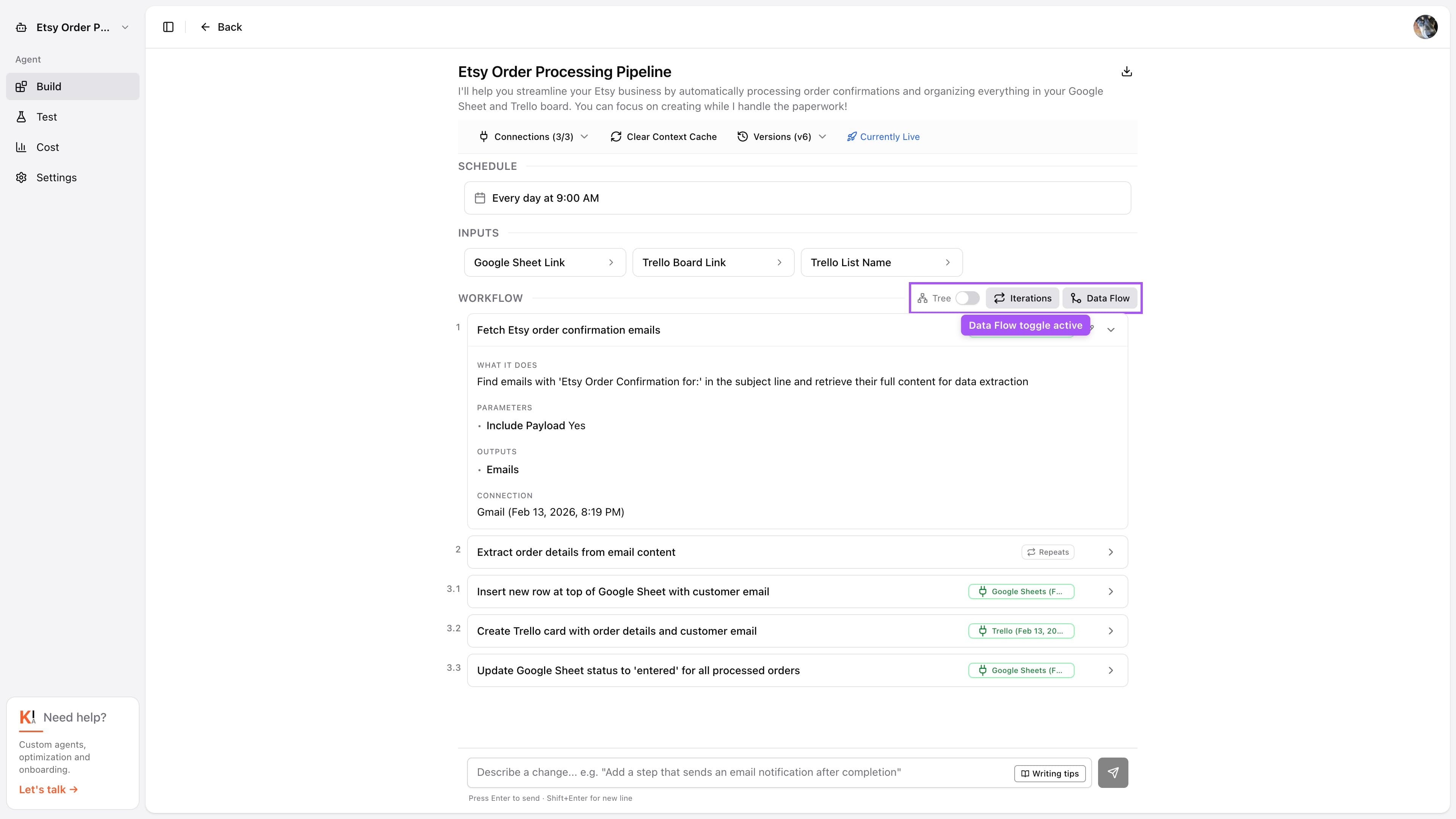 Data Flow mode showing a selected step with blue-highlighted dependencies and dimmed unrelated steps