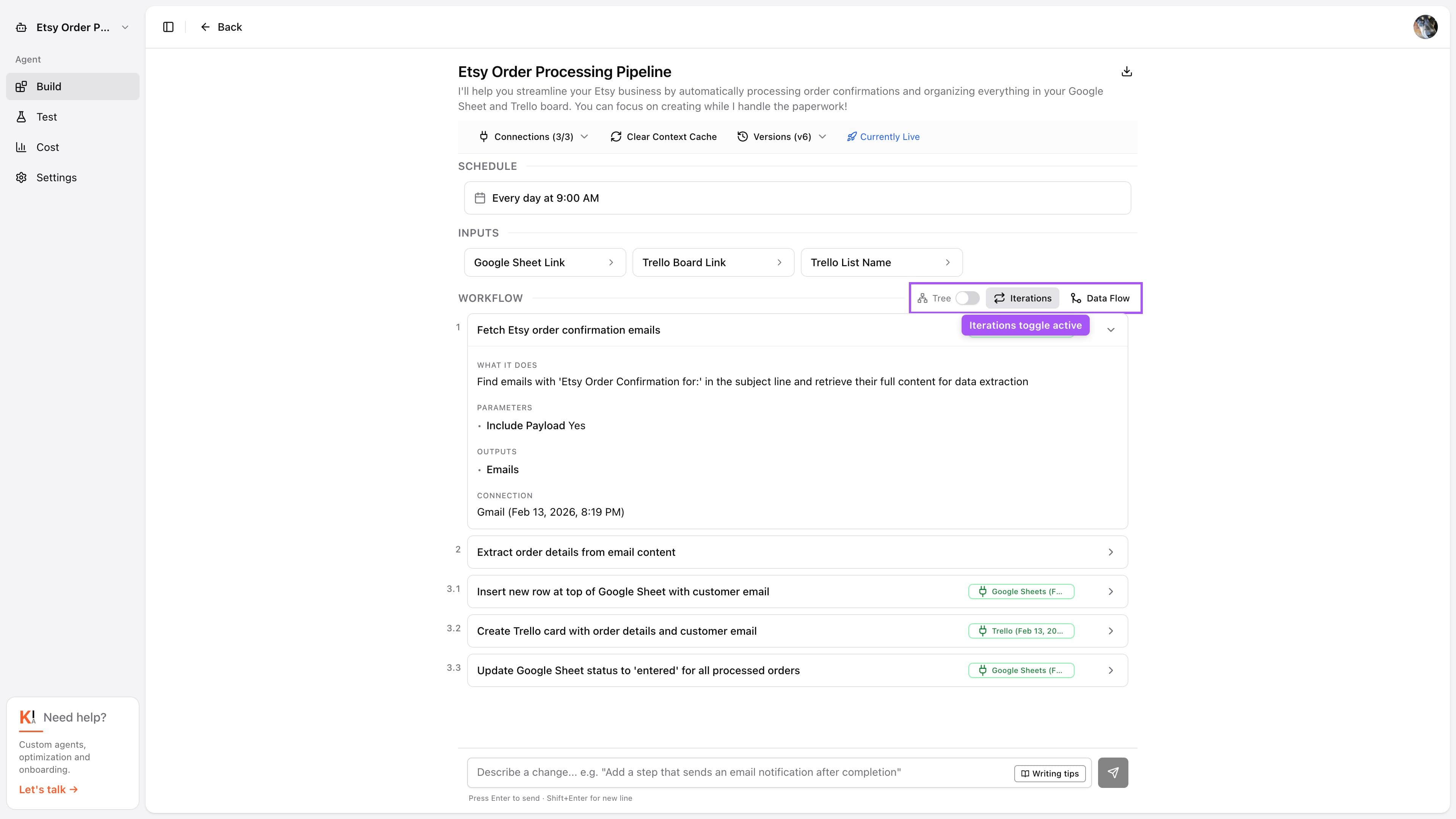 Step cards with Repeats badges visible after toggling Iterations in the workflow header