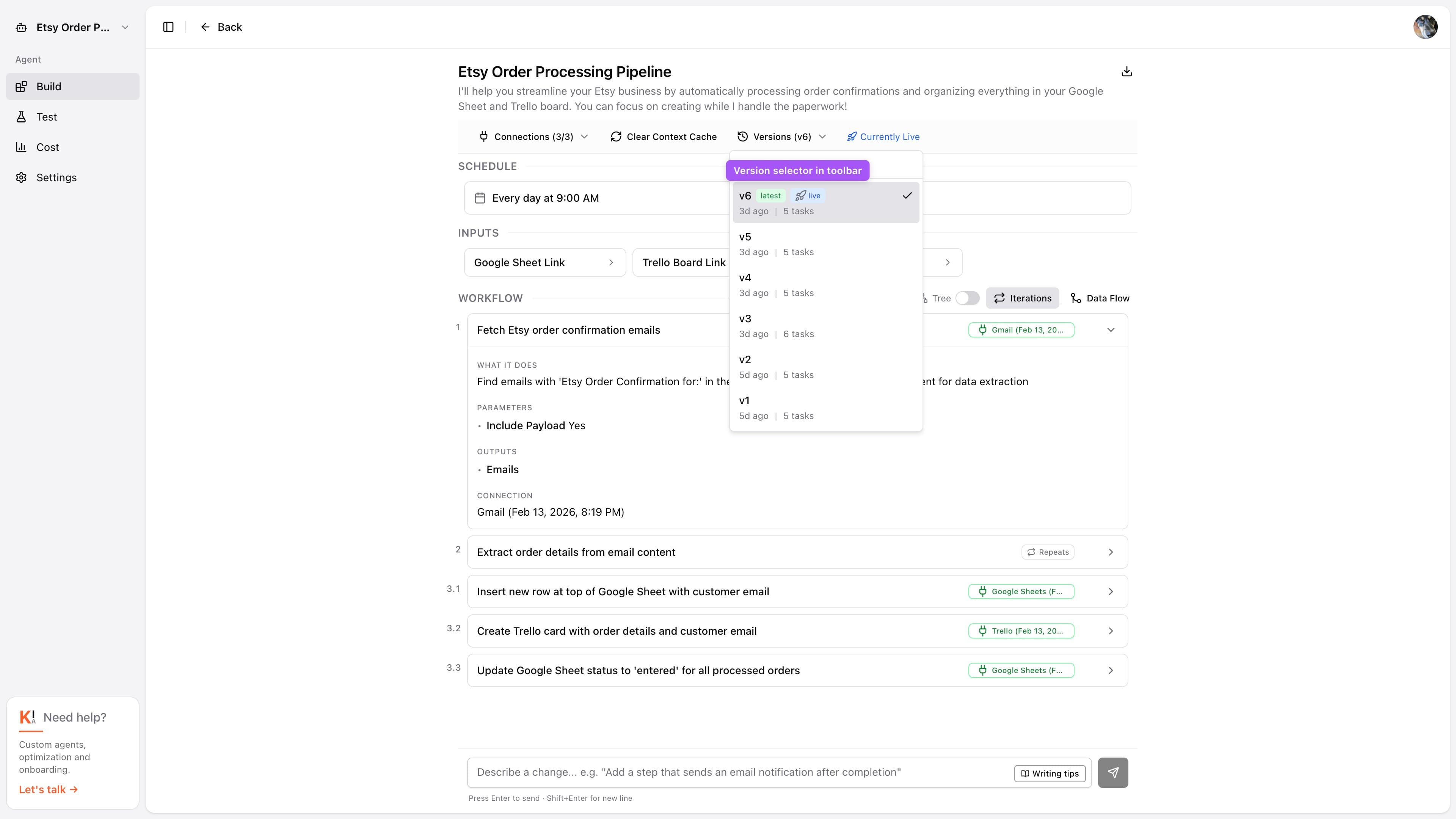 Version history dropdown showing versions with green latest badge, blue live badge with rocket icon, and relative timestamps